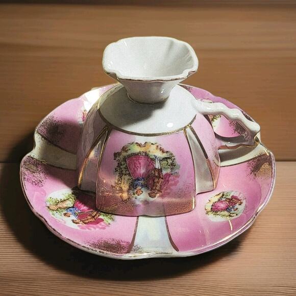 Lefton China Vtg Victoriana Pedestal Teacup Saucer Gold Trim Hand Painted #20336 - Picture 9 of 9